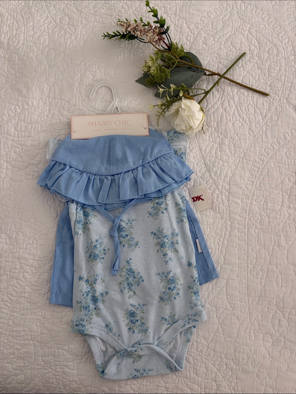 Shabby Chic Light Blue Floral Ruffled Sun Hat & Bodysuit Set